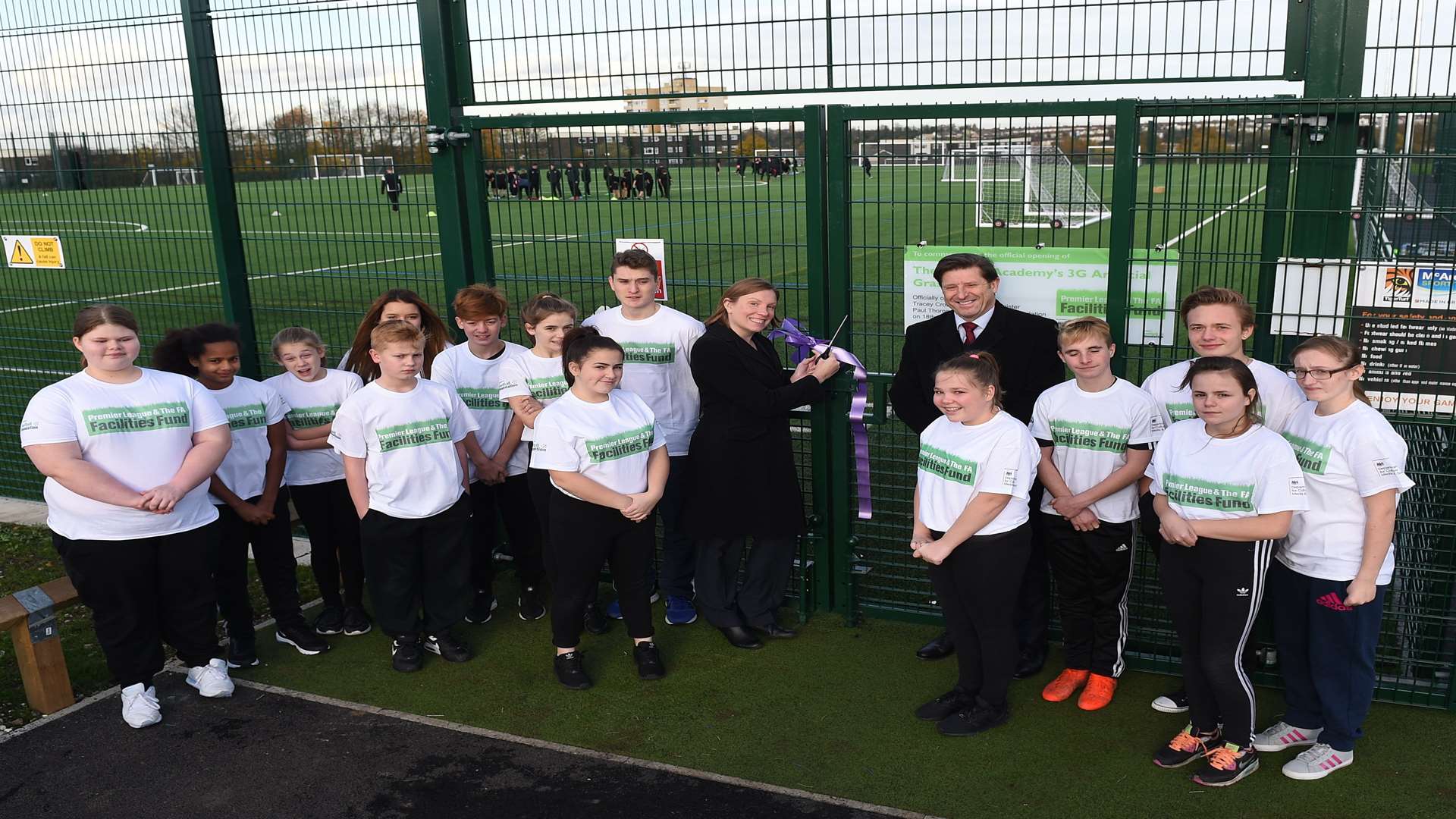 Sports minister and Chatham MP Tracey Crouch and the Football Foundation's chief executive officer, Paul Thorogood, officially opening The Victory Academy's all weather pitch