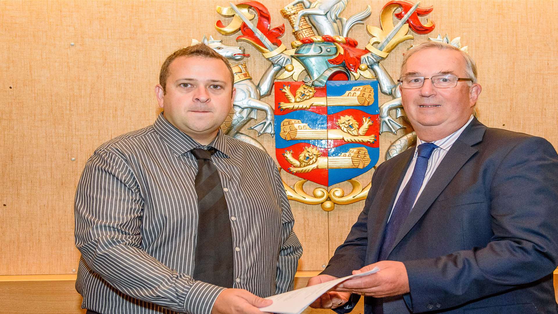 Peter Ward, Dover resident meeting Paul Watkins, leader of DDC handed over petition about Dover Leisure Centre