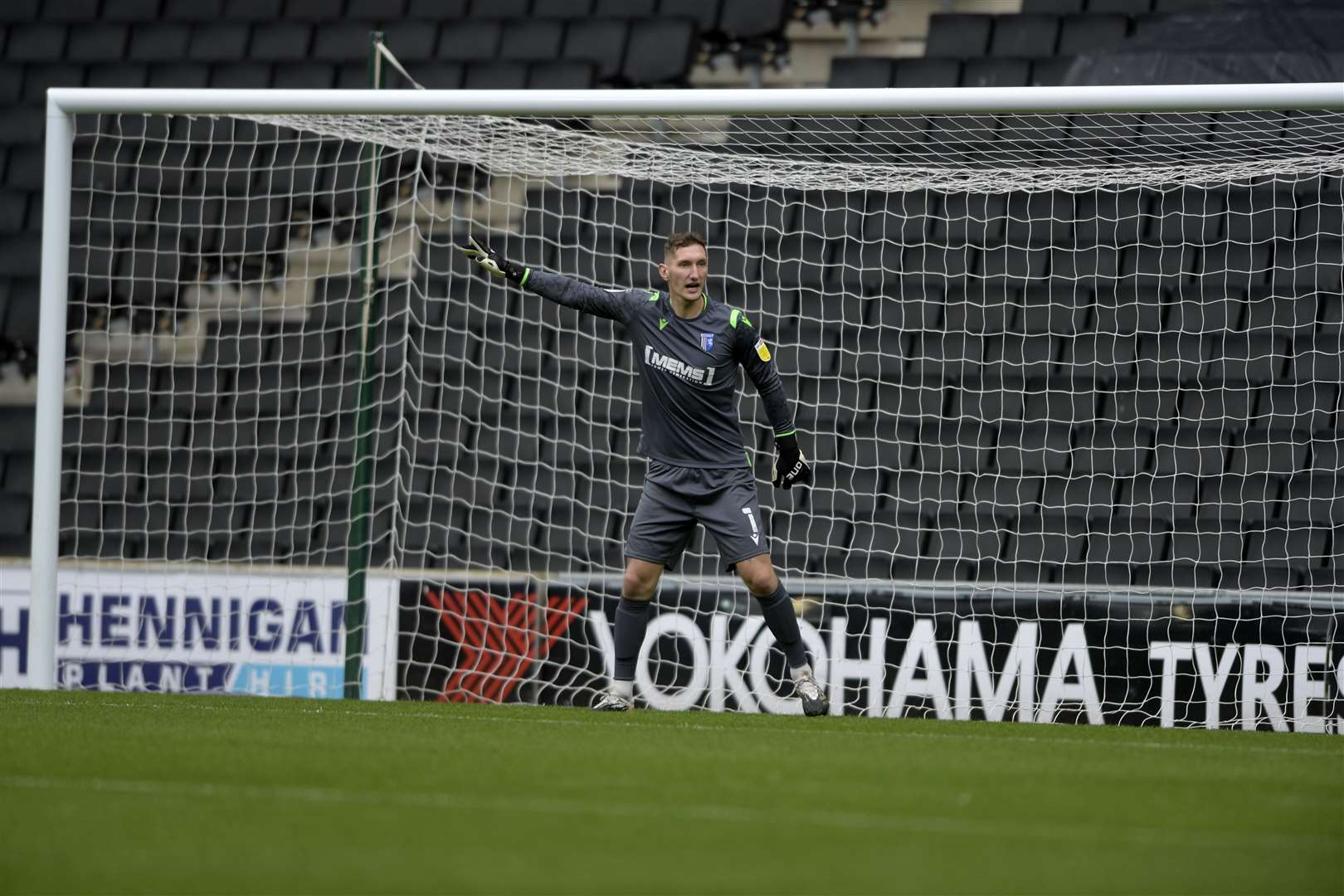 Jack Bonham in goal for Gillingham at MK Dons on Saturday Picture: Barry Goodwin