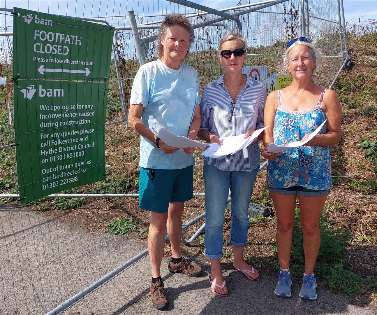 From left, Chris Farrell, Hilary St. Clare and Nicki Stuart have gathered hundreds of signatures on a petition to Folkestone and Hythe District Council asking for the reopening of a footpath at Princes Parade at Seabrook. Picture: Nicki Stuart