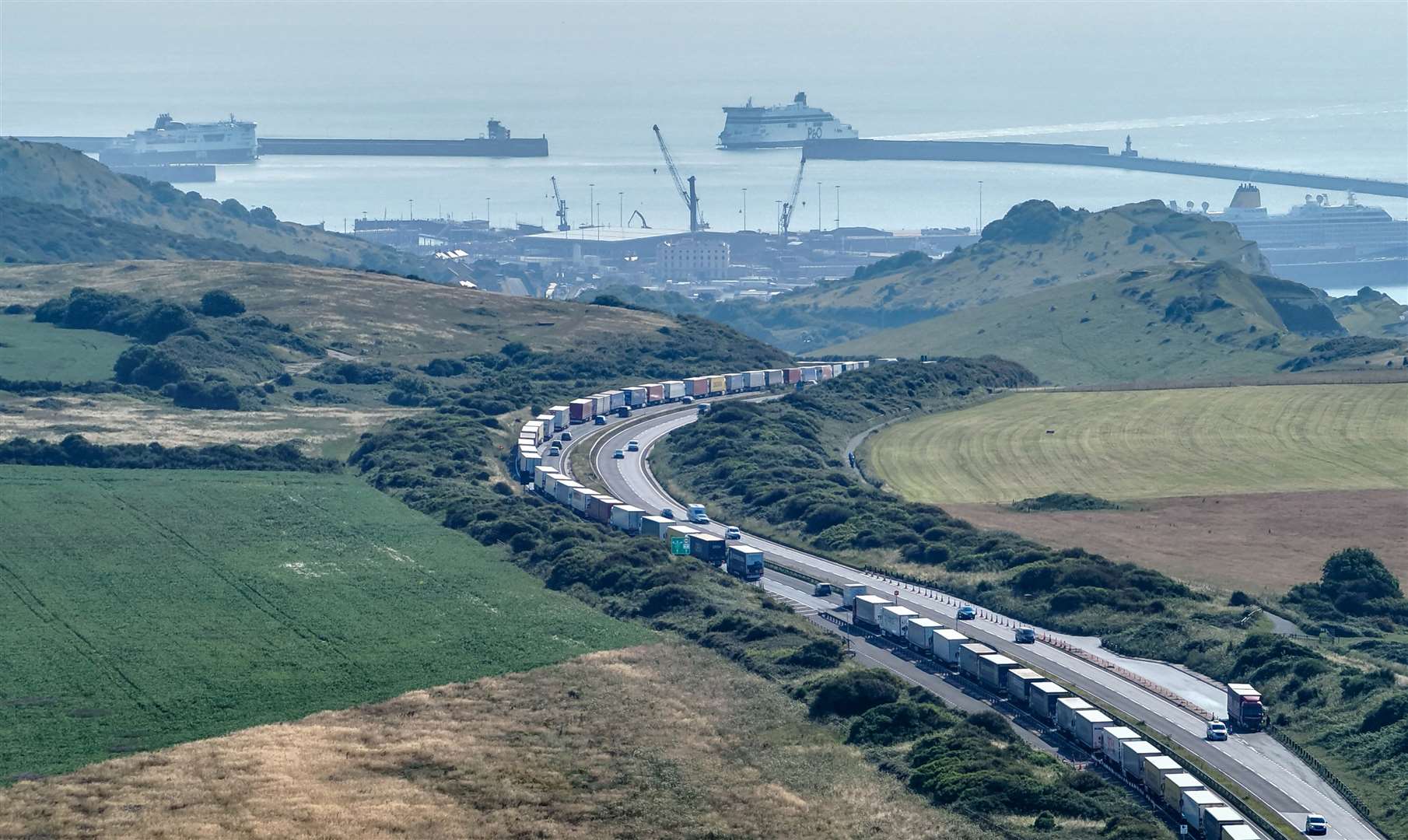 Dover TAP has been implemented on the A20, with hundreds of lorries queuing outside the town. Picture: UKNIP