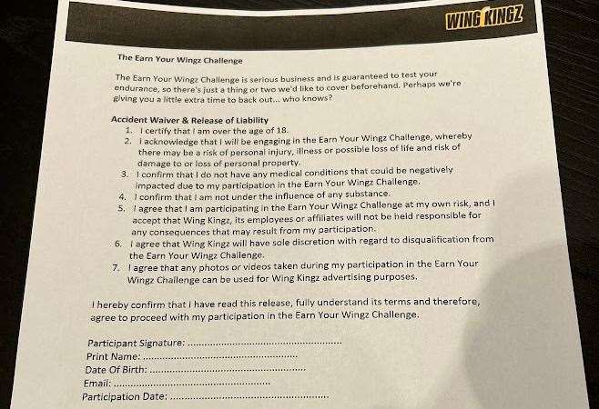 The Wing Kingz waiver warning of potential loss of life...