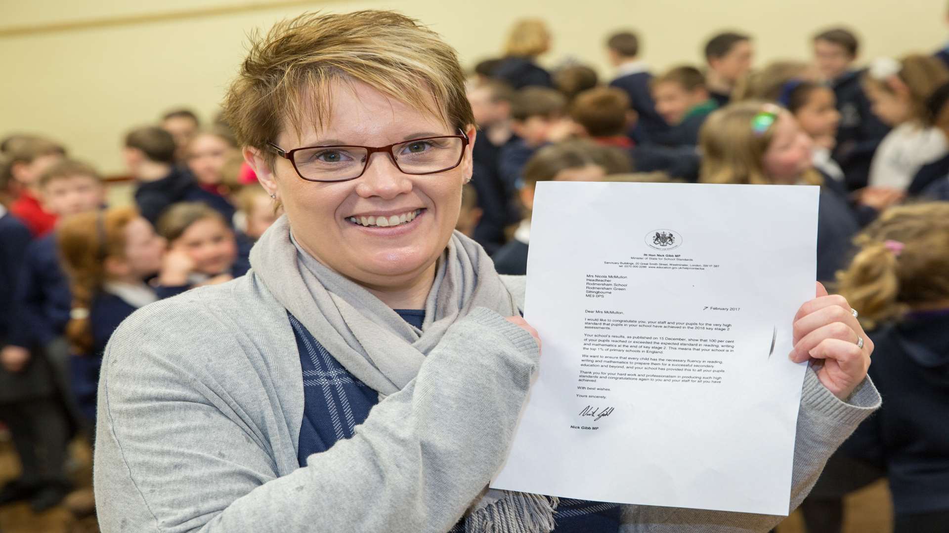 Head teacher Nicky McMullon with the letter of congratulations