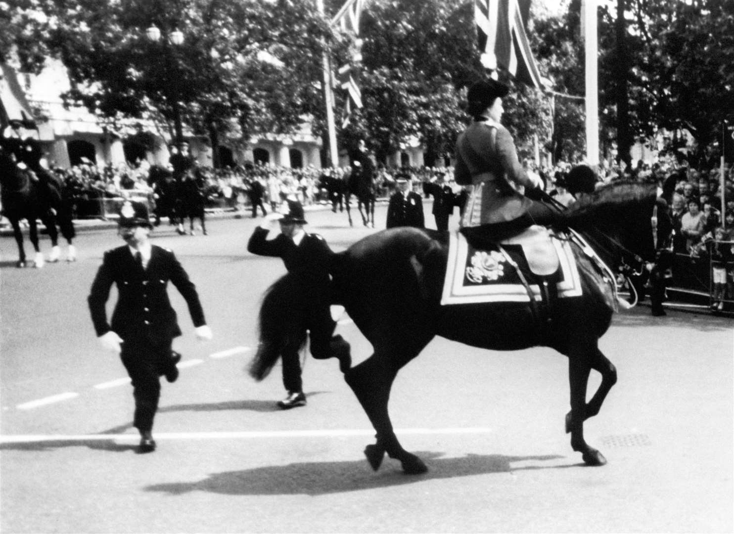 The Queen calms her horse Burmese while policeman spring to action after shots were heard as she rode down the Mall (PA)