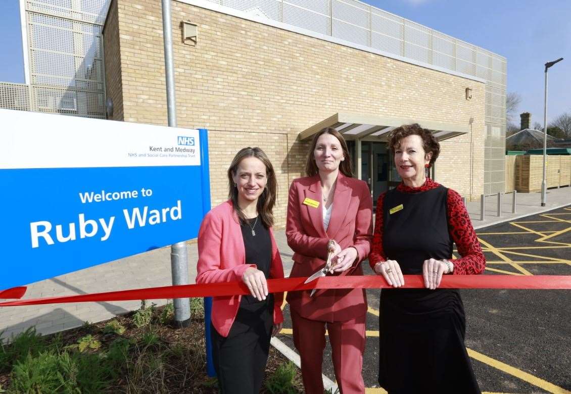 MP for Faversham and Mid Kent, Helen Whately, KMPT Chief Executive Sheila Stenson and Trust Chair, Dr Jackie Craissati at the opening of the new standalone Ruby Ward in Maidstone. Photo: KMPT