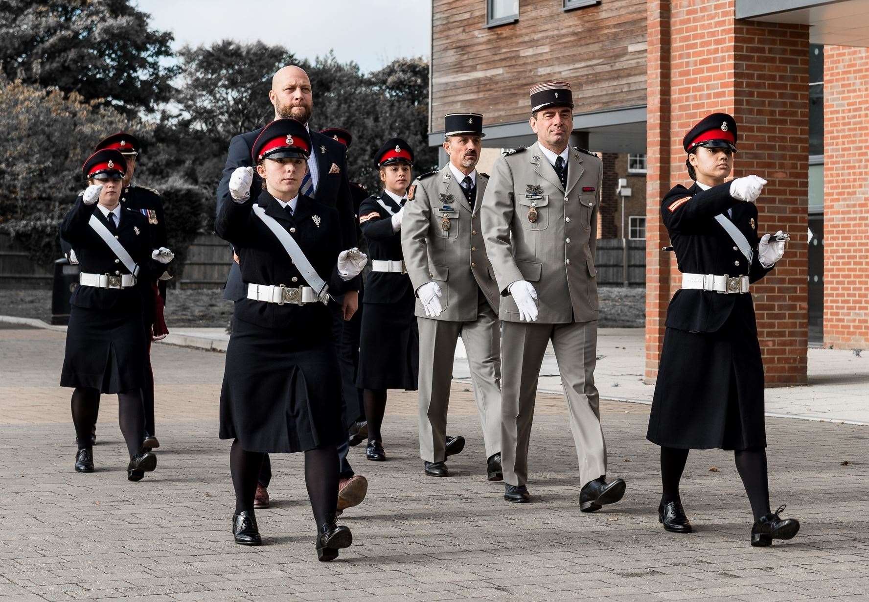 The last exchange visit between the DOYRMS and its French counterpart, October 2017. Dukies with, from left, Alex Foreman, Adjutant Chief Lionel Racape and Commandant ColonelJean-Marc Chatillon. Picture: Duke of York's Royal Military School.