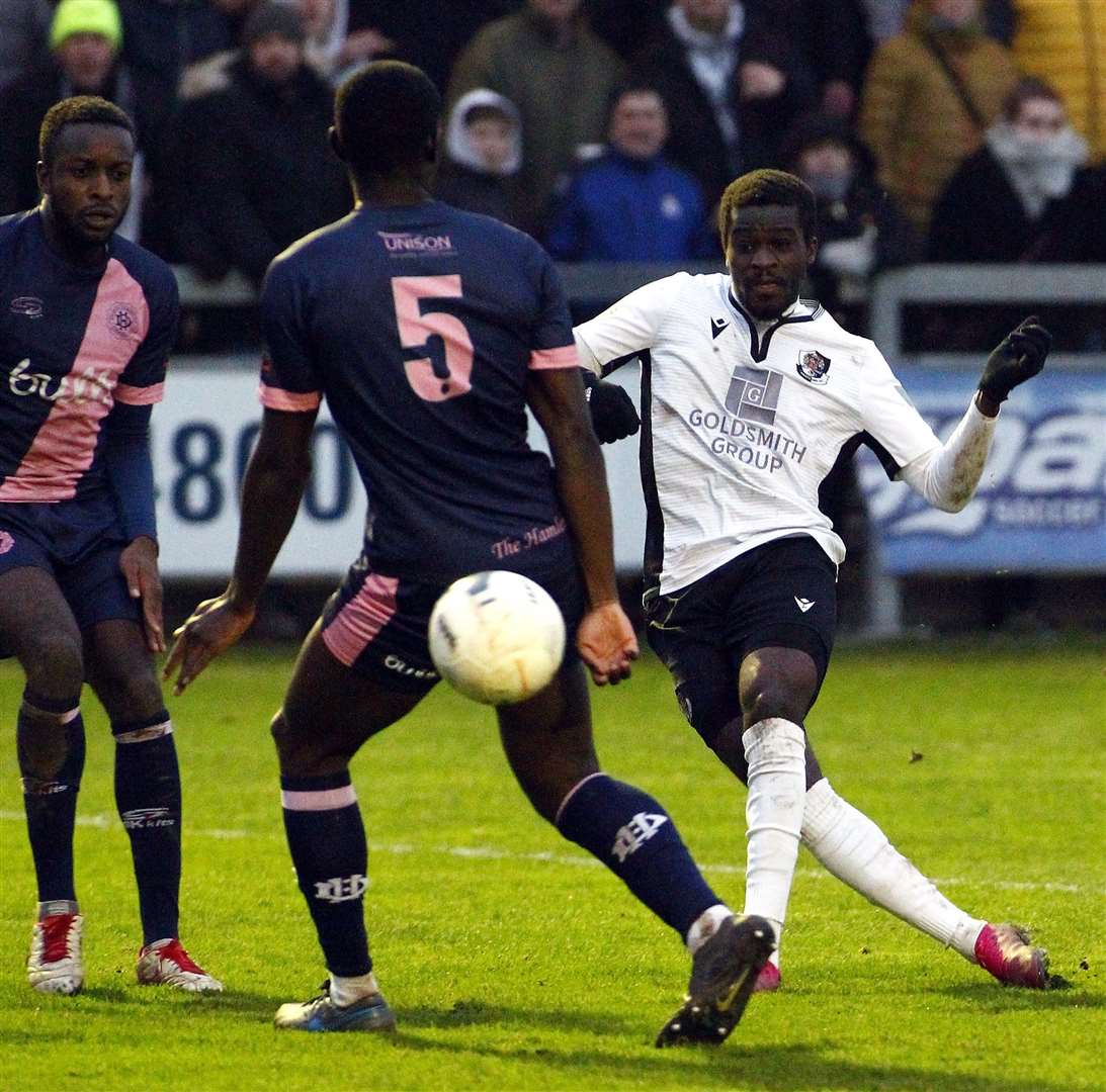 Jacob Berkeley-Agyepong in the thick of the action for Dartford Picture: Sean Aidan