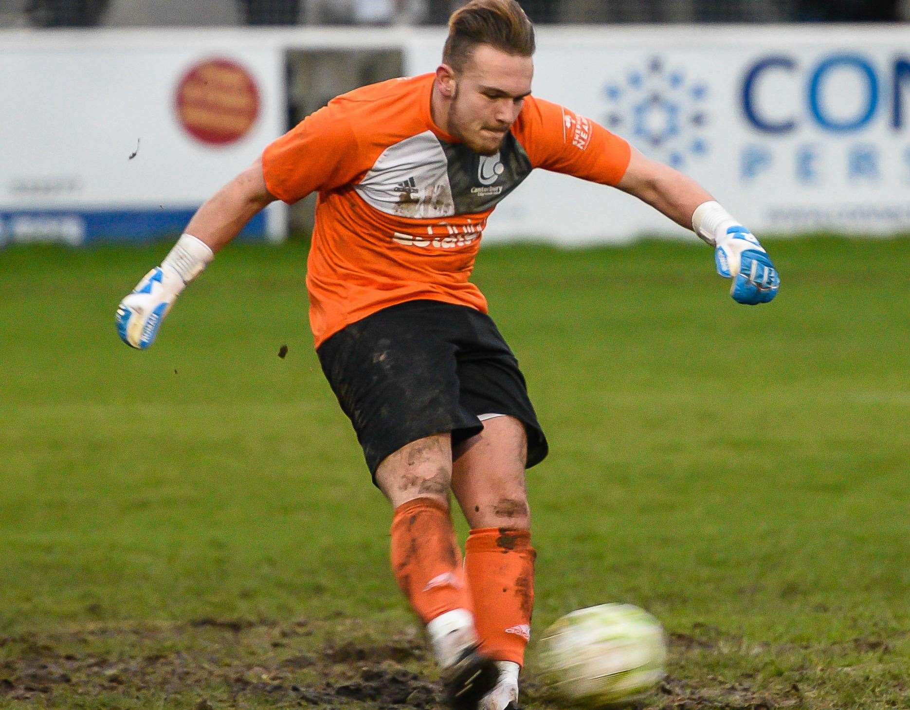 Canterbury goalkeeper Harry Earls clears. Picture: Alan Langley