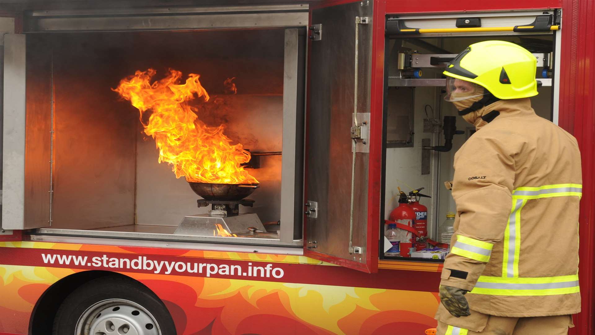 A chip pan fire demonstration at the open day