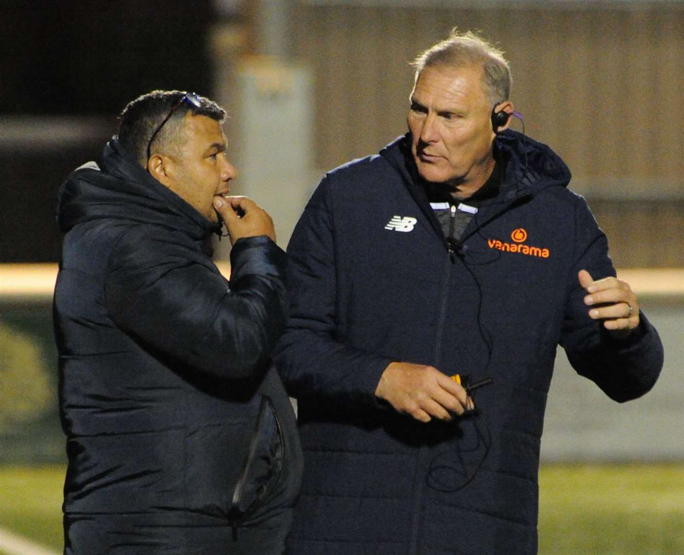 Jim Stannard talks tactics with Maidstone manager Hakan Hayrettin Picture: Steve Terrell