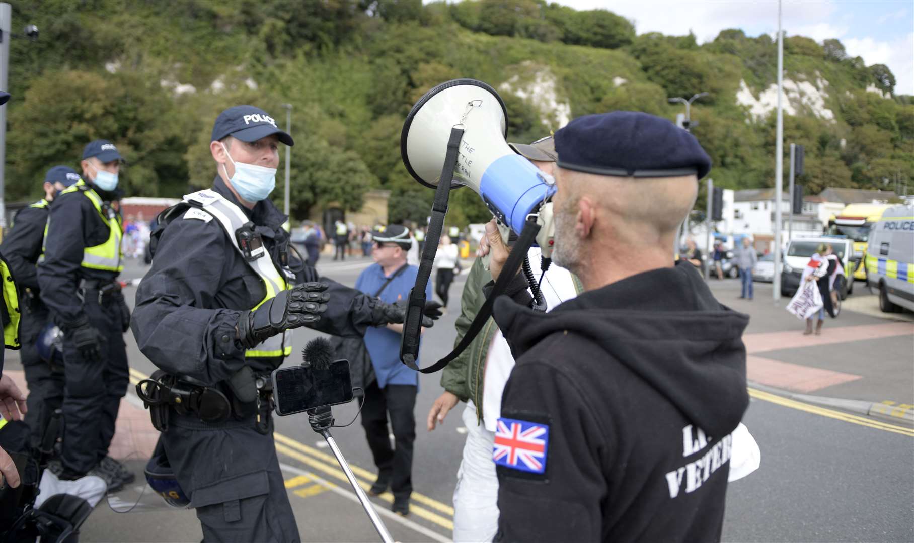 Nationalist YouTuber 'Little Veteran' addresses the protest though a megaphone. Picture: Barry Goodwin