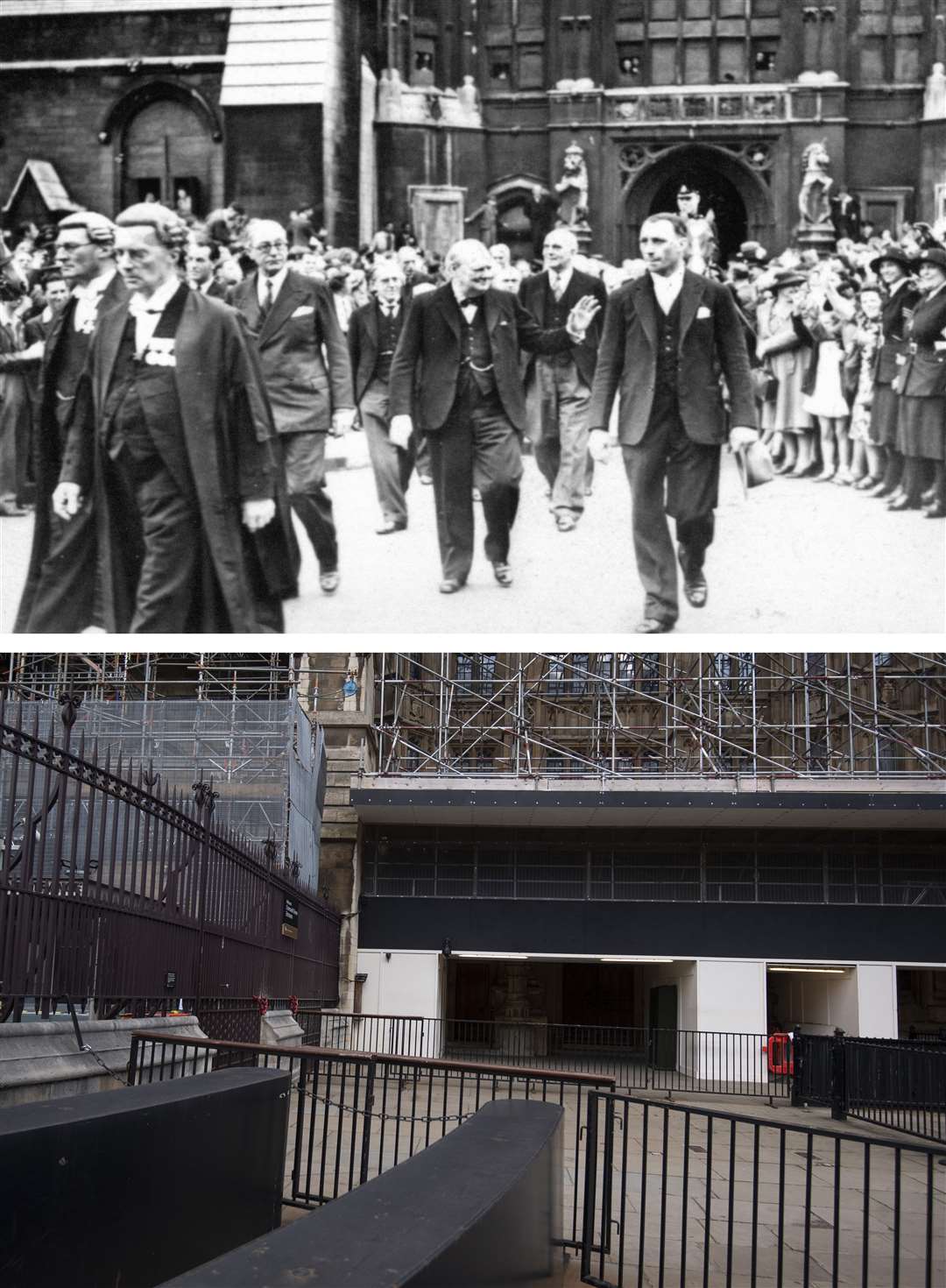 Comparison shot showing Sir Winston Churchill leaving the Houses of Parliament on VE Day, and how the scene appeared last weekend under lockdown (PA)