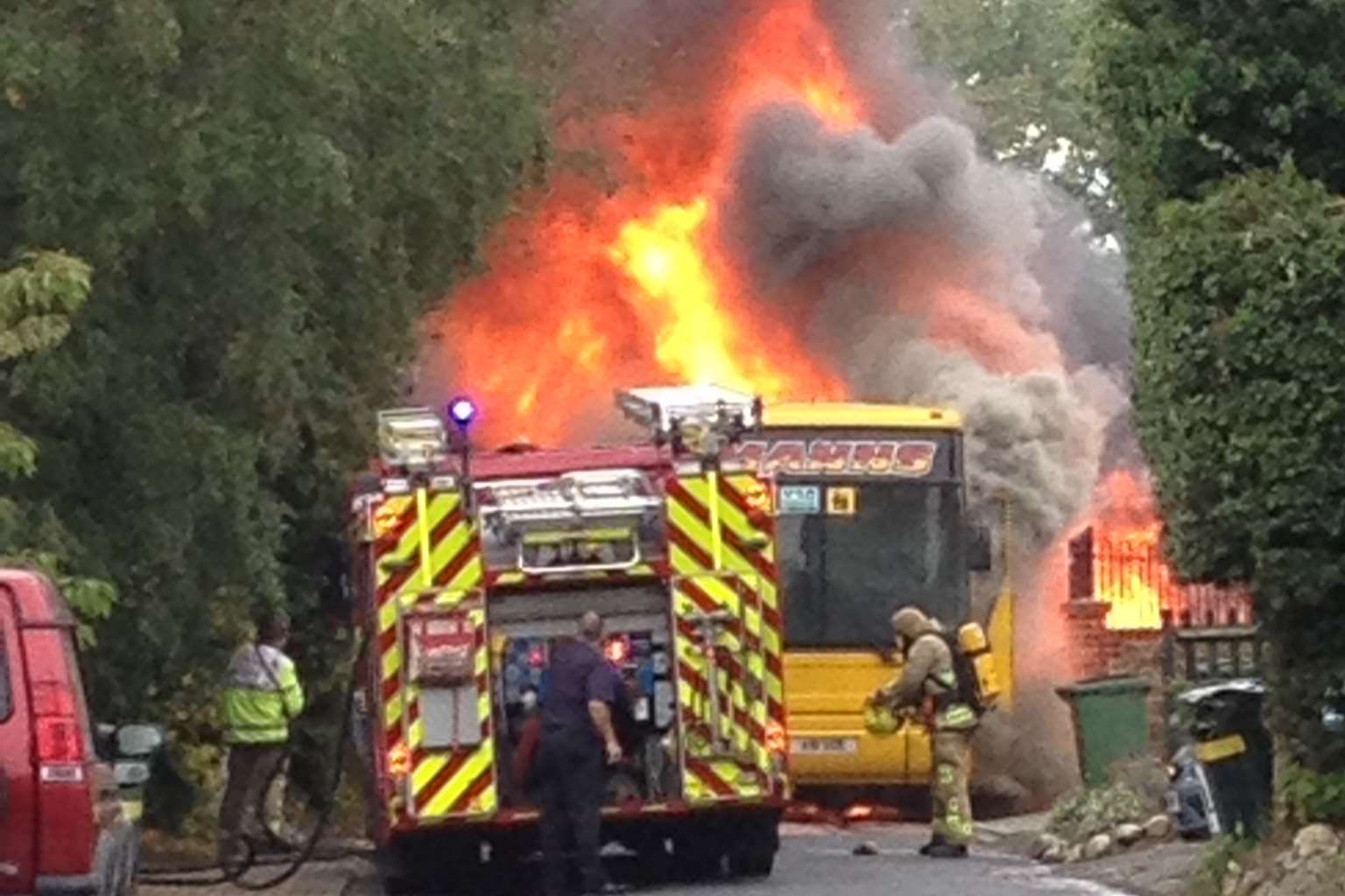 The coach erupted into a fireball outside Platts Heath Primary School. Picture: Nipper