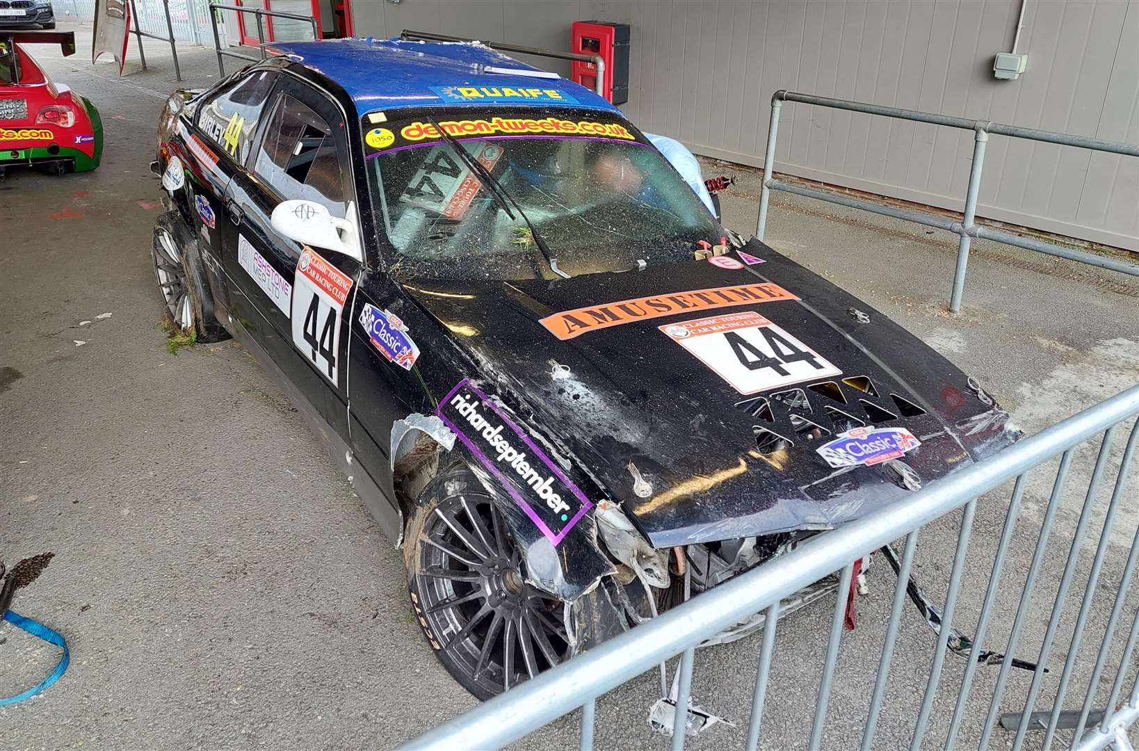 Birley’s BMW in the scrutineering bay at Brands Hatch after the crash in race two