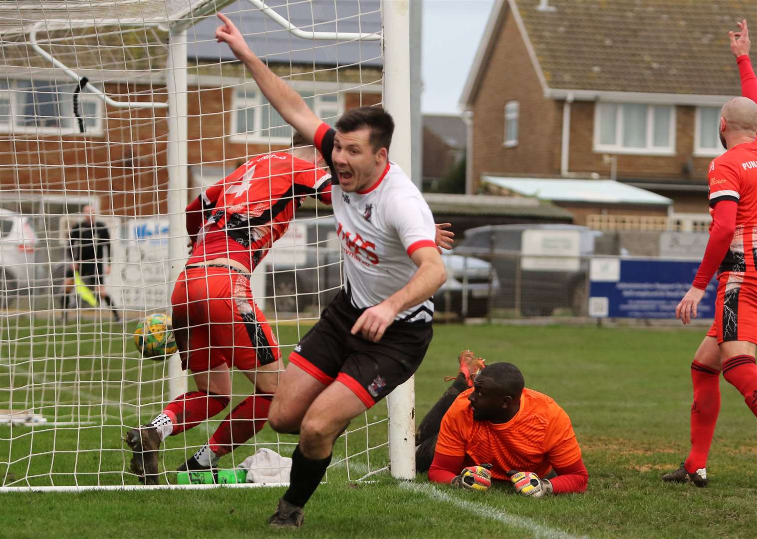 Riley Alford celebrates his goal in Deal Town's 1-1 weekend draw with Punjab United. Picture: Paul Willmott