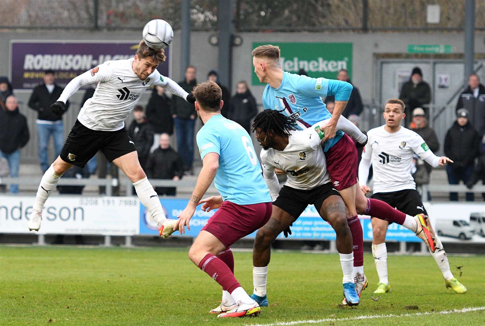 Jake Robinson fails to find the target with this header for Dartford against Weymouth on Saturday. Picture: Barry Goodwin (54285227)