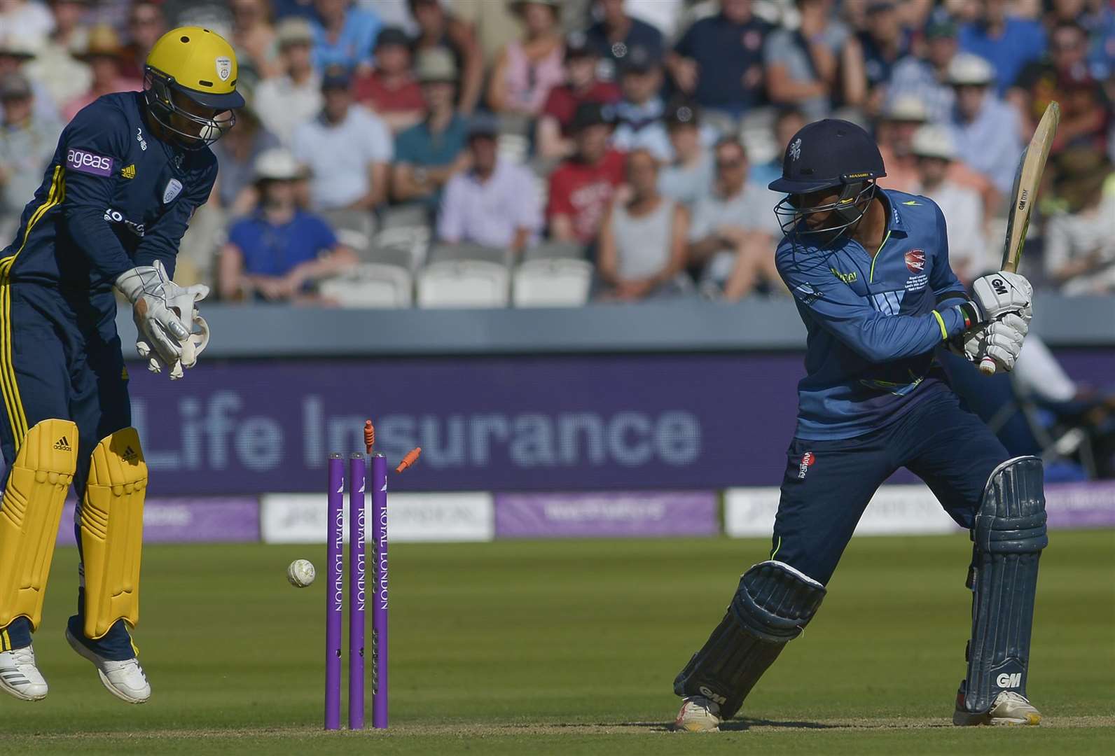 Daniel Bell-Drummond chops the ball onto his own stumps Picture: Ady Kerry