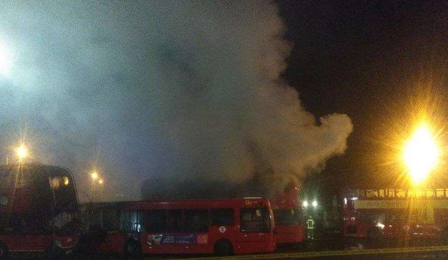 11 buses were alight leaving seven destroyed and four badly damaged. Picture: London Fire Brigade (5564642)