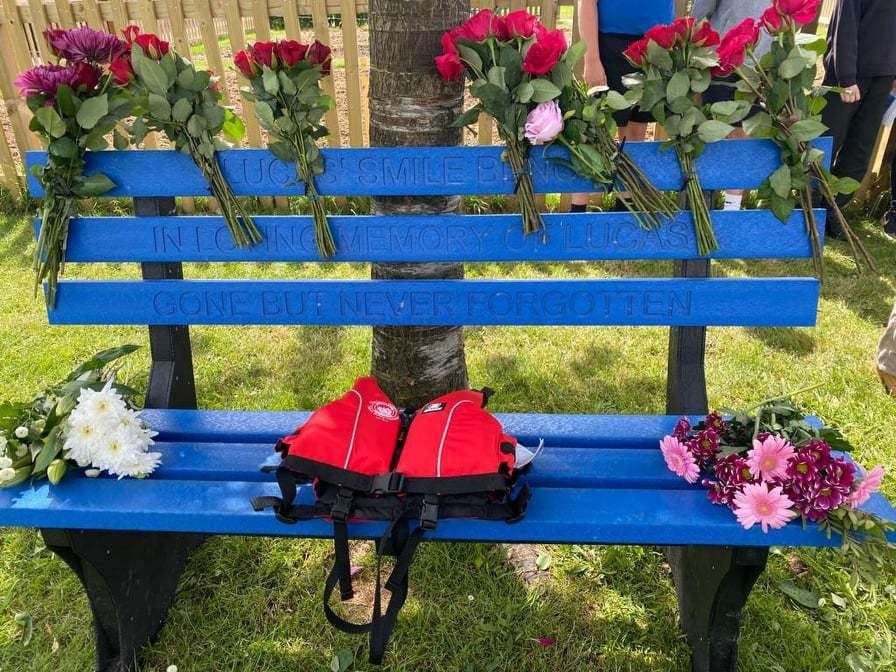 A lone lifejacket in Lucas' favourite colour was placed on the child's memorial bench at his school. Pictures Warden House Primary School