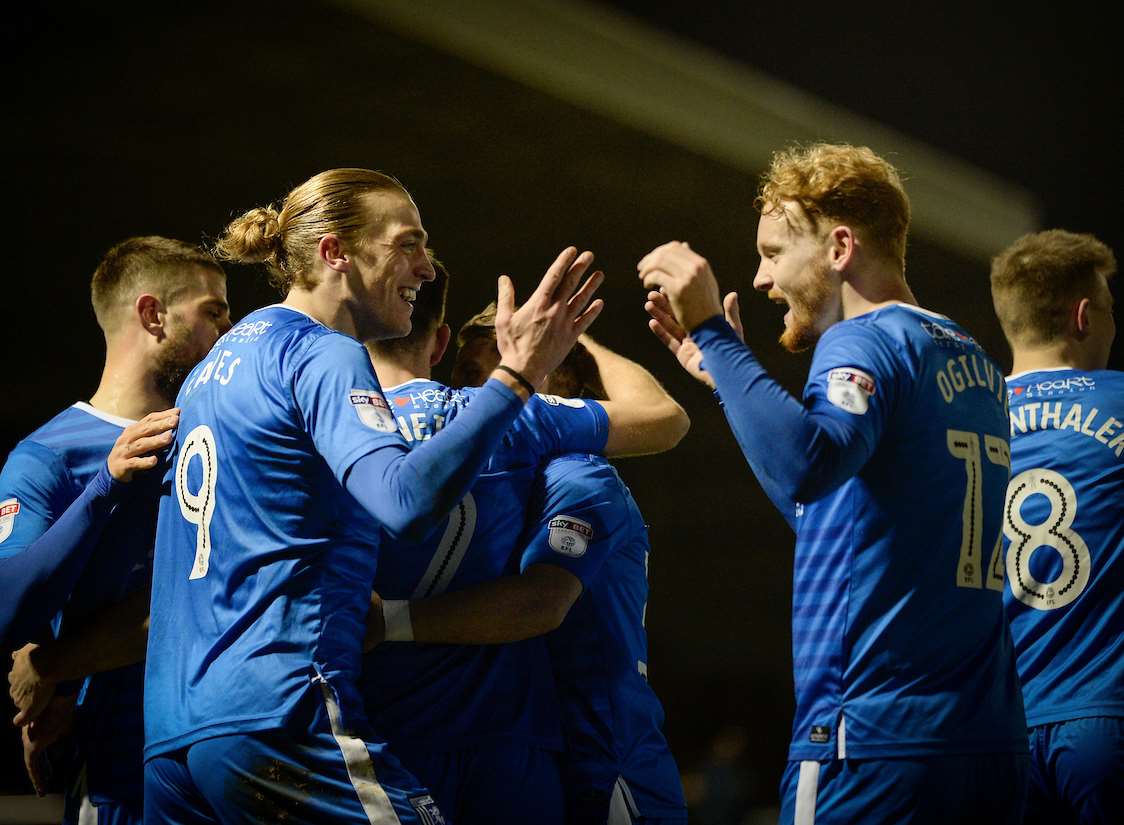 Gillingham celebrate their second goal at Northampton Picture: Ady Kerry