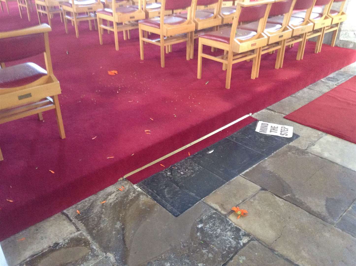 A flower arrangement in the church was destroyed