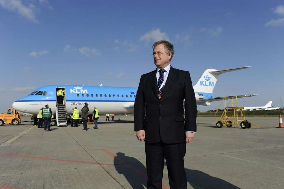 Charles Buchanan with the first KLM flight from Manston in April 2013