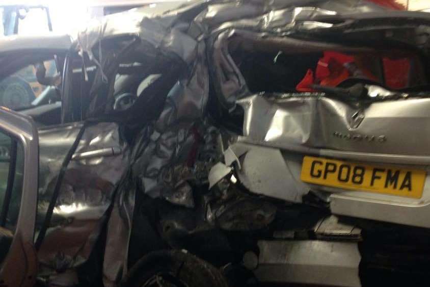 The mangled wreckage of Keith's car, which was hit by a lorry on the A249