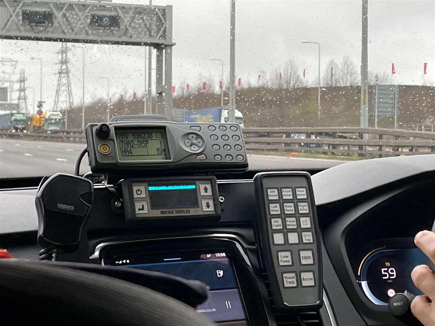 The equipment inside a traffic officer vehicle to help slow and control traffic