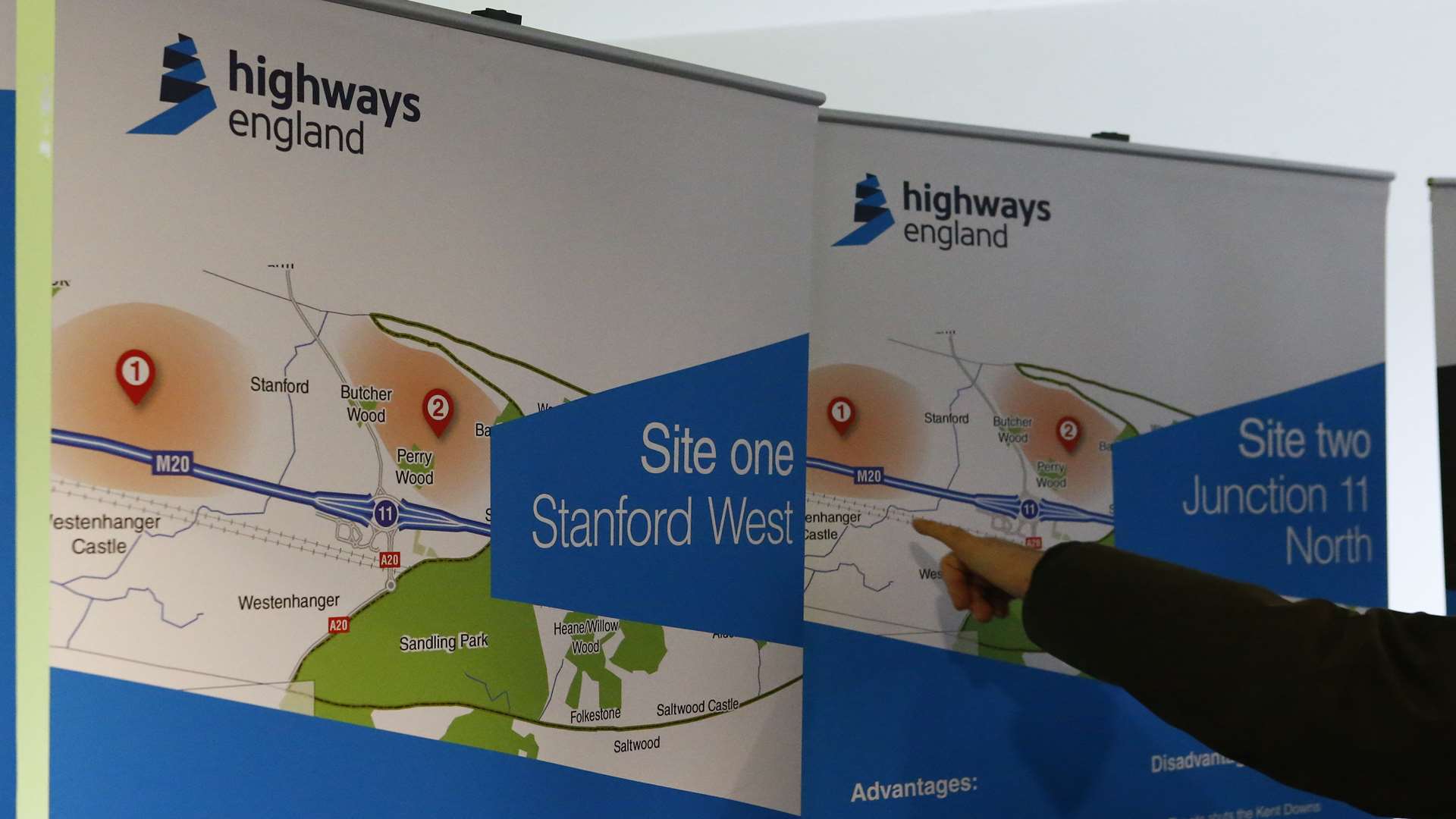 A public consultation display showing the two options for an Operation Stack lorry park in Stanford.