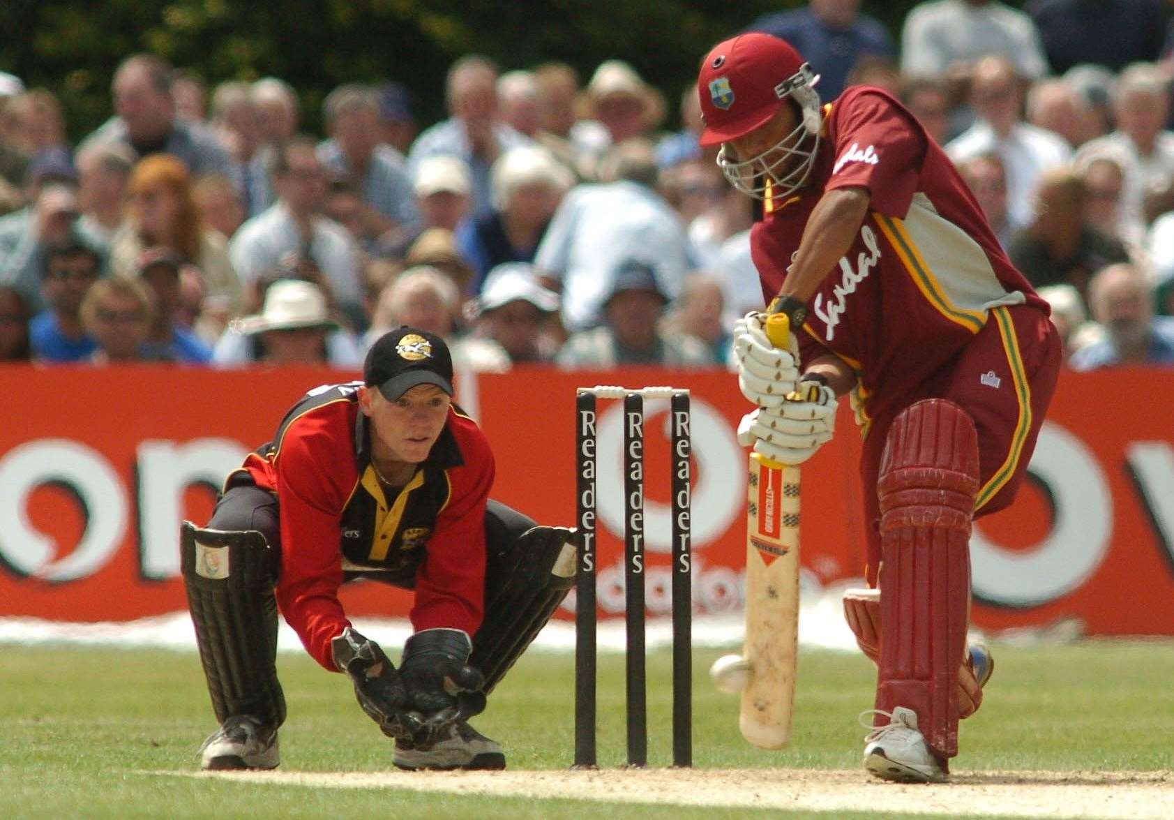 Kent wicketkeeper Niall O’Brien watches on as Ramnaresh Sarwan bats for the West Indies at Beckenham in 2004. Picture: Ady Kerry