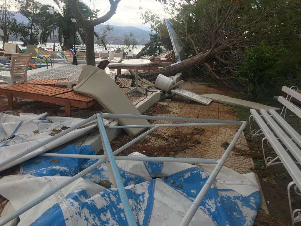 The scene at the hotel following the storm which hit Kefalonia in Greece