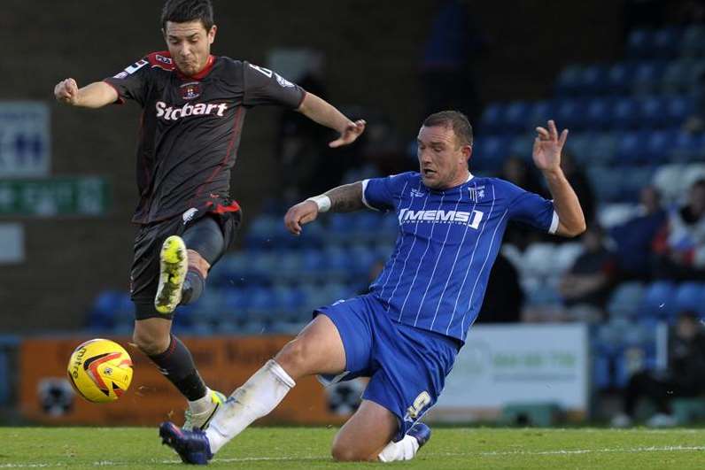 Danny Kedwell shows his defensive qualities against Carlisle on Saturday. Picture: Barry Goodwin