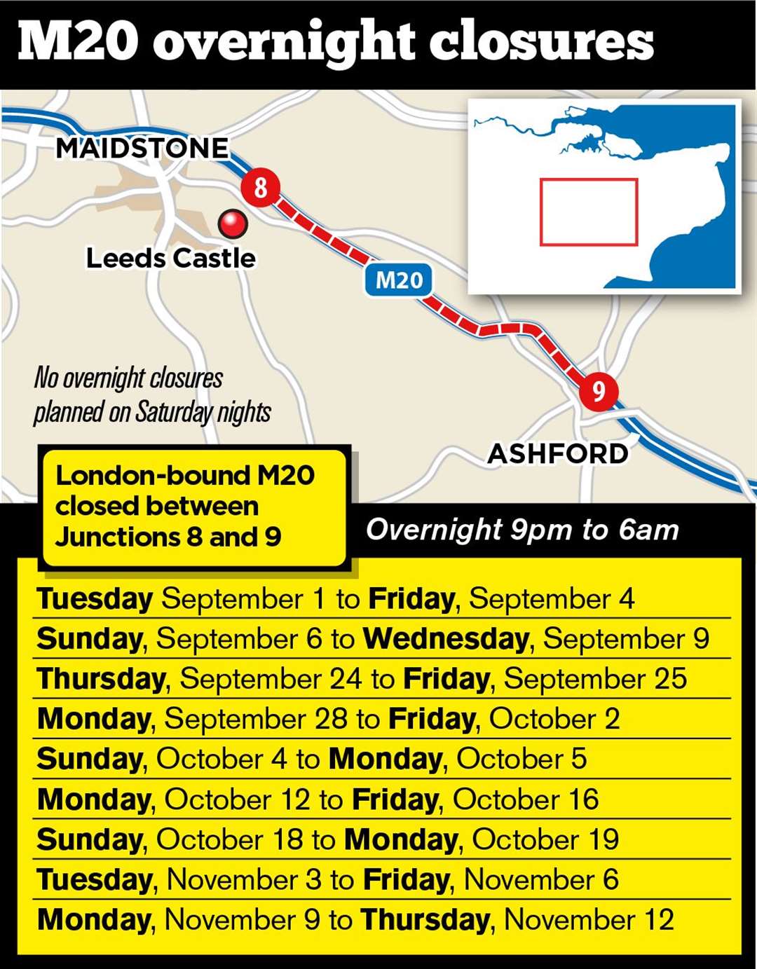 The London-bound M20 closures planned by Highways England