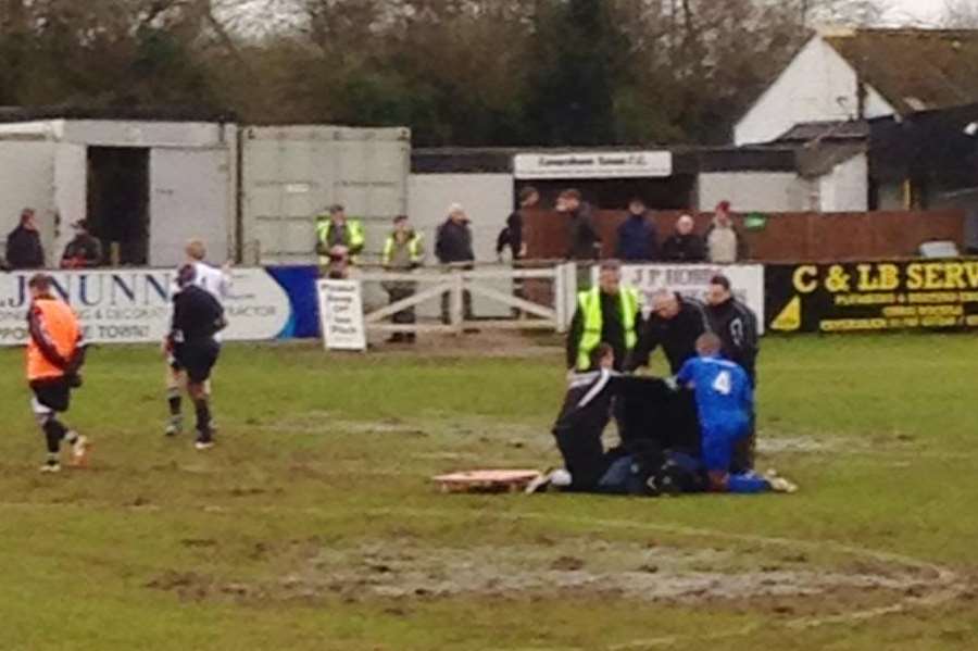 A player has broken his leg during a football match. PICTURE: Twitter - @CarshaltonA_FC
