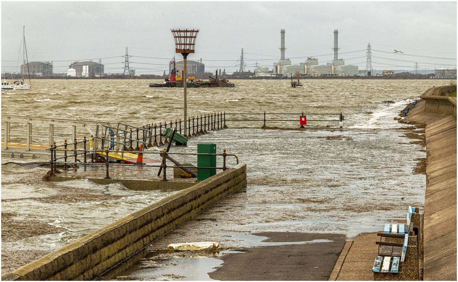 High tide flooded Crundall's Wharf by the all-tide landing stage at Queenborough, Sheppey. Picture: Henry Slack