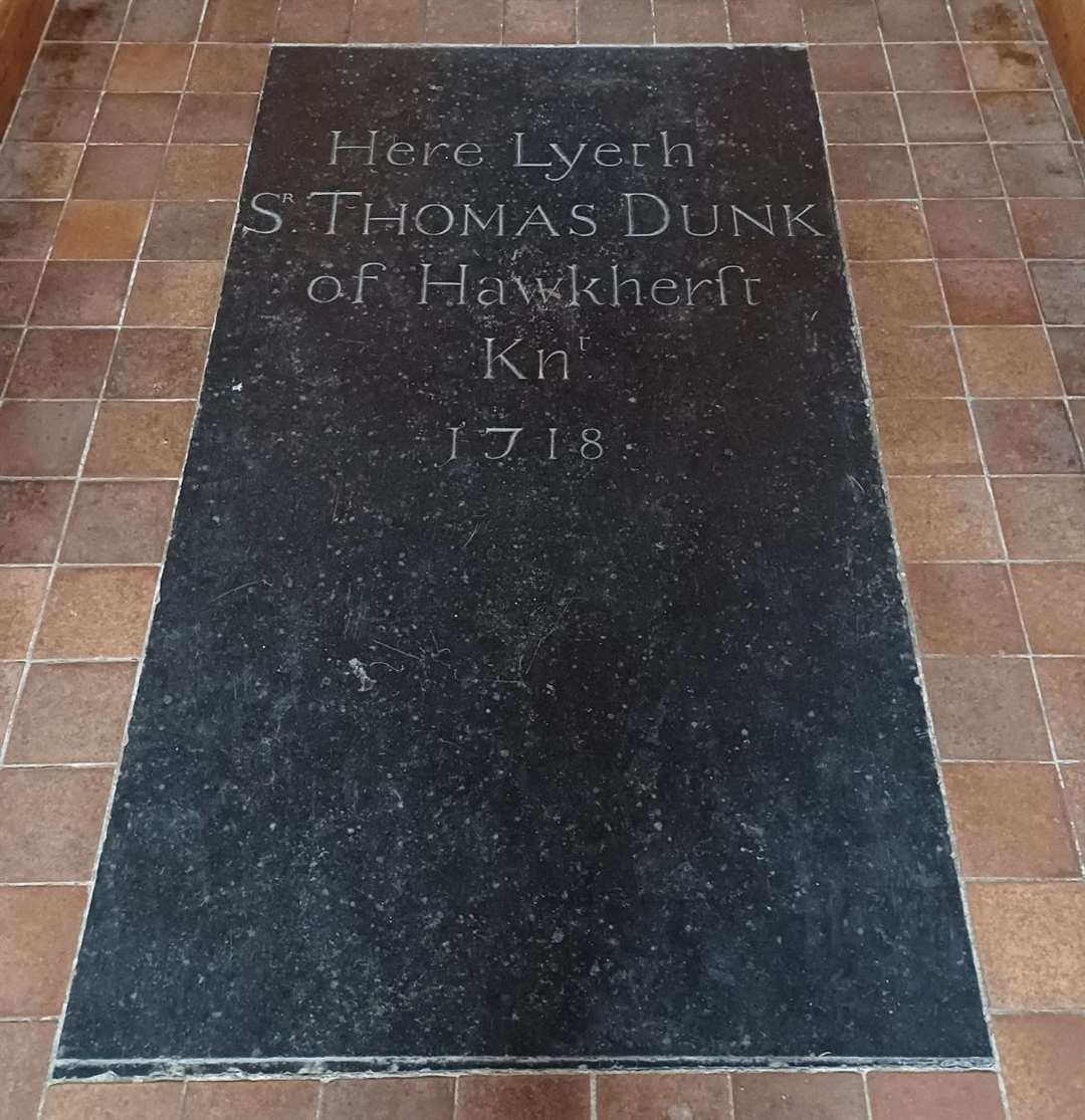 Sir Thomas Dunk's gravestone within St Laurence Church in Hawkhurst