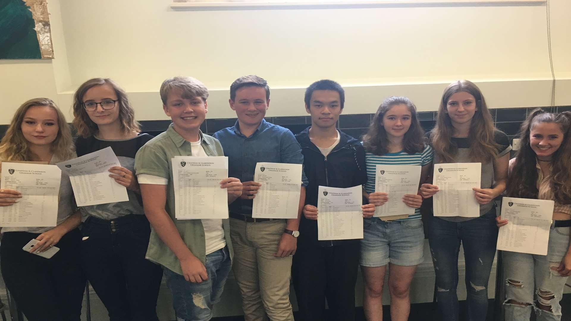 Jasmine Walke, Amelia Slayford, Alfie Lawrence, Charlie Graham, Kin Mo, Alice Wilkening, Hannah Murray and Lucy Blomfield of Chatham and Clarendon Grammar School