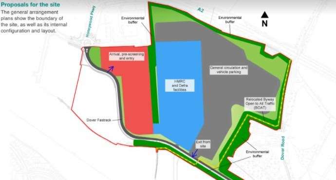 Vague: This layout plan of the border park shows the buildings used by Customs and Defra will be directly in front of homes in St Martin's Road, but there is no detail about the size and fabric of the buildings