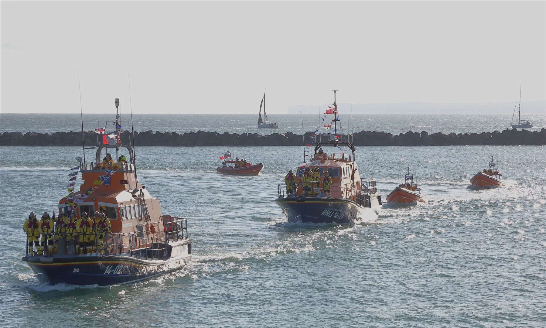 The new boat was accompanied by the outgoing Trent class Esme Anderson, front, and inshore vessels from Walmer and Margate as well as the Ramsgate inshore lifeboat. Picture: RNLI