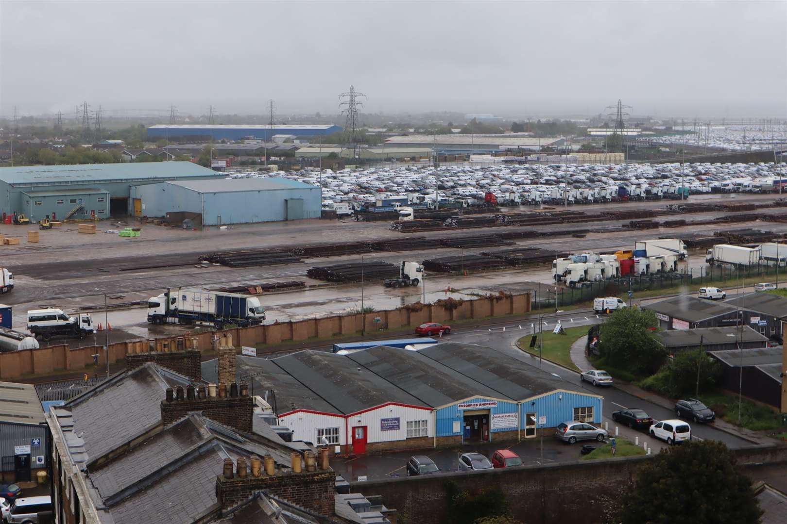 View looking over Peel Ports' storage park from the top of the Dockyard Church, Blue Town