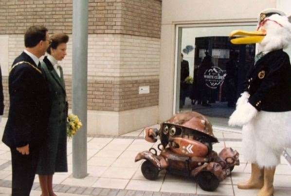 Princess Anne opening Dover's White Cliffs Experience in July 1991. She is with Dover District Council chairman Paul Watkins and is meeting the centre's characters Sid Seagull and Corporal Crabbe