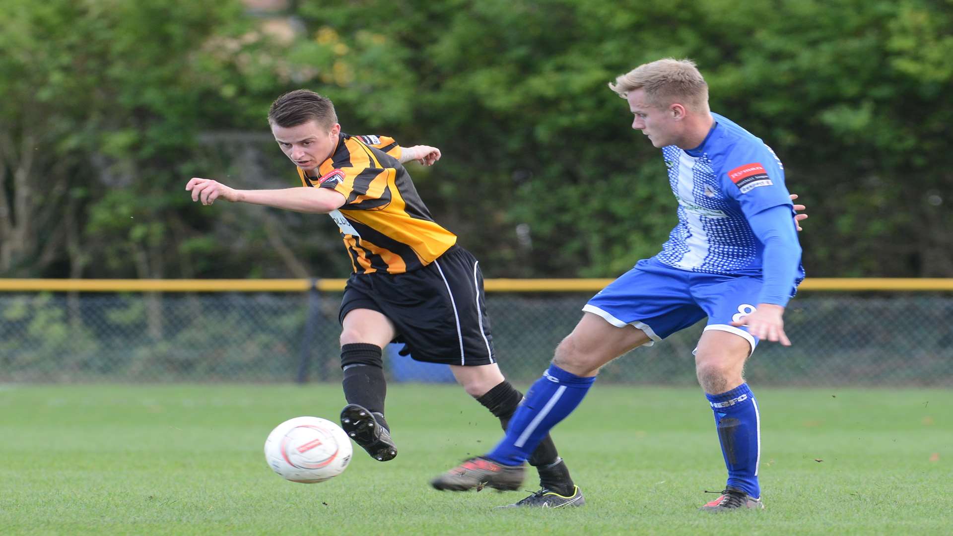Jordan Wright gets a shot away for Folkestone against Herne Bay Picture: Gary Browne