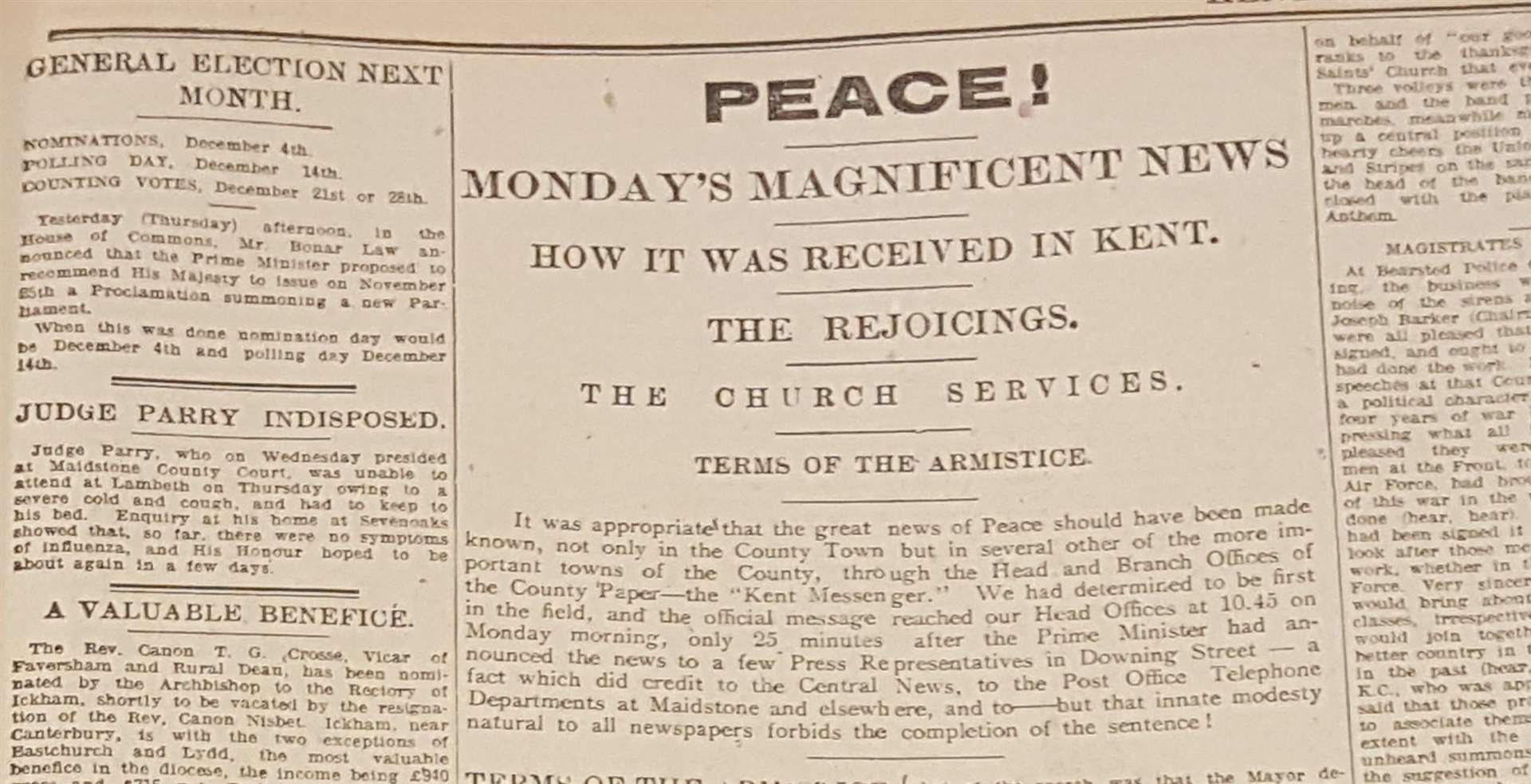 Portrait view of the Kent Messenger's Armistice Day report on page 7