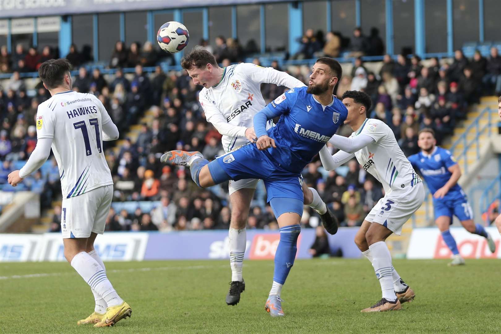 Max Ehmer challenges for the ball in Gillingham win over Tranmere (62928480)