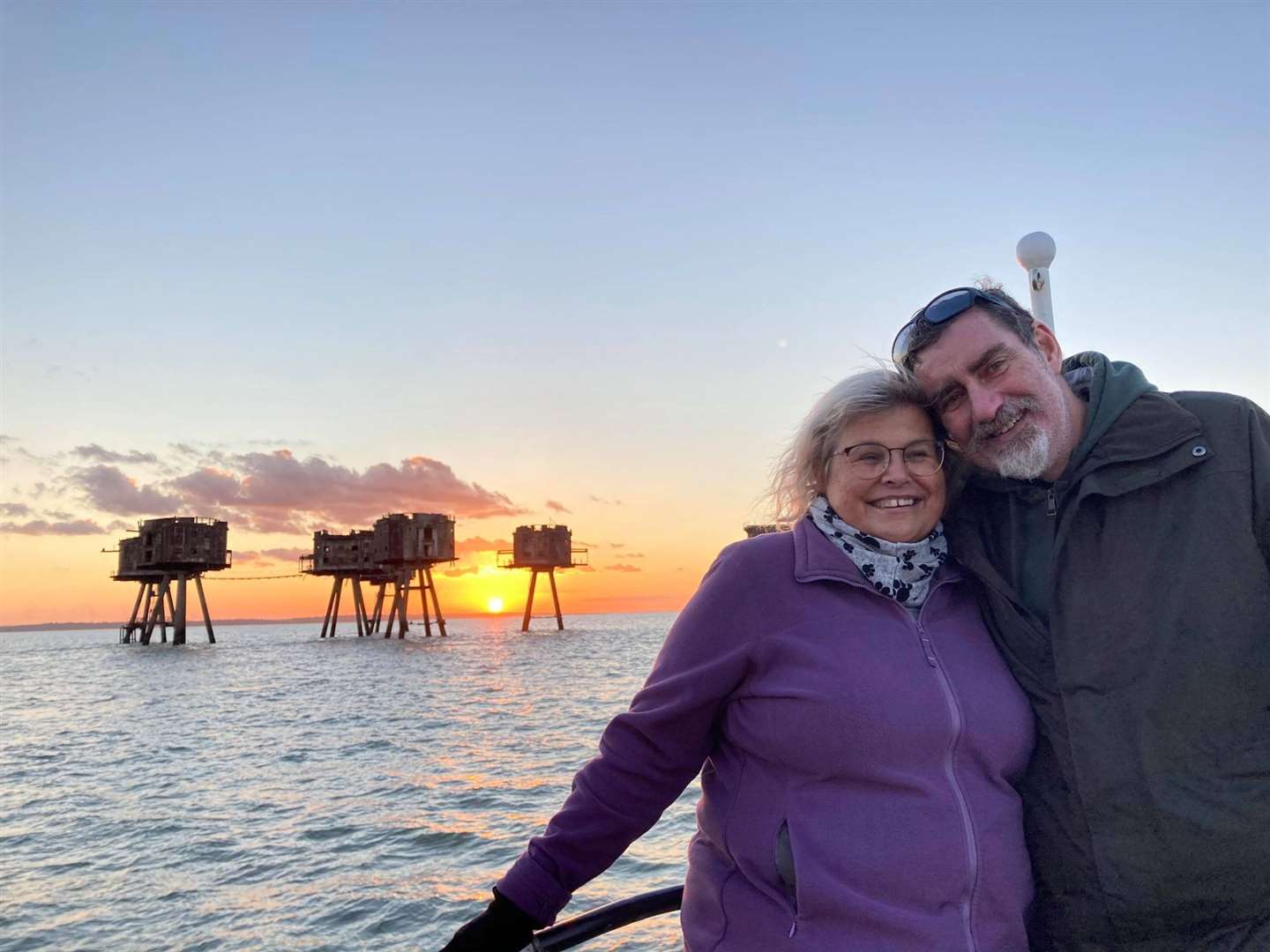 Clare and Andy Larkin at the Second World War Maunsell sea forts at sunset courtesy of the X-Pilot launch based on Sheppey. Picture: Margaret 'Flo' McEwan