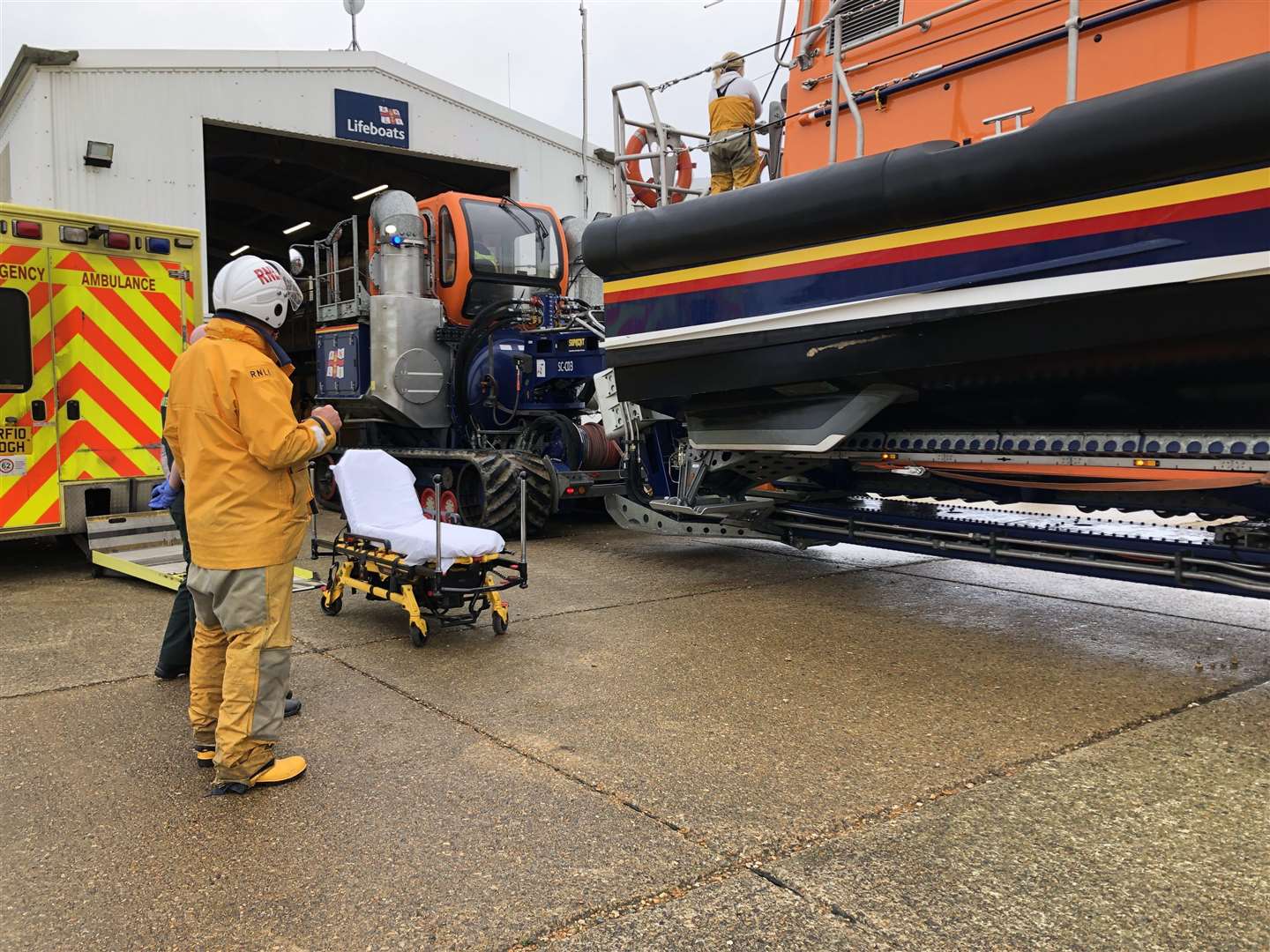 Ambulance in attendance at Dungeness RNLI lifeboat station waiting for patient on lifeboat. Credit: RNLI Judith Richardson (6283960)