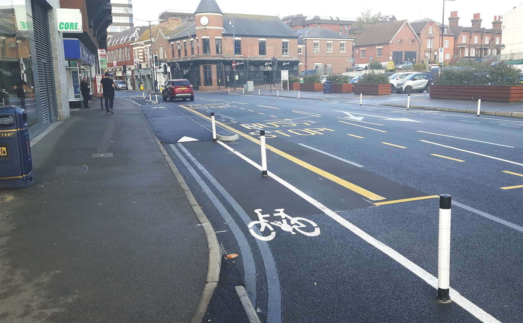 One of the "pop-up" cycle lanes in King Street, Maidstone