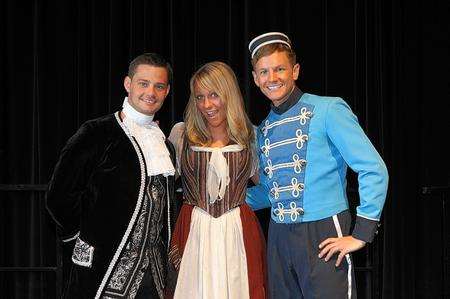 Danny Young as Dandini (from Coronation Street), Chloe Madeley, Cinderella (Dancing on Ice finalist) and Chris Edgerley, as Buttons (from CITV H15 presenter) in panto, Hazlitt Theatre