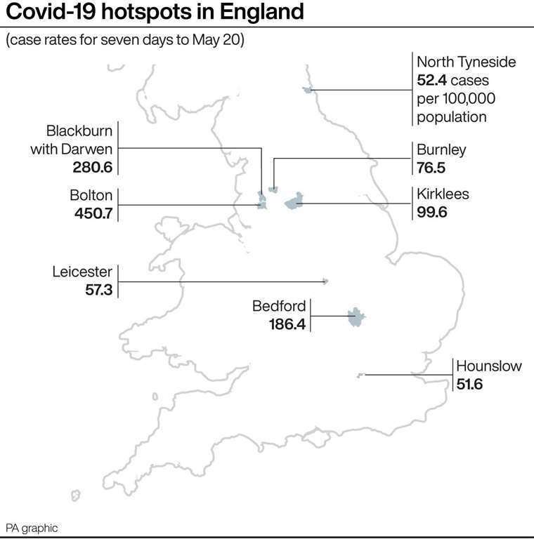 Covid-19 hotspots in England. Picture: PA