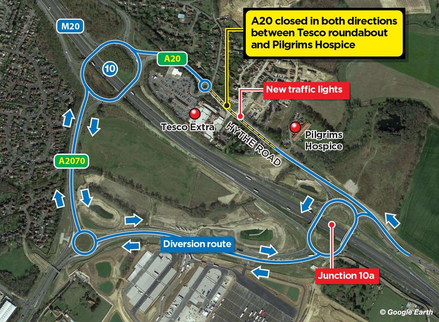 The diversion will take drivers on the A2070 past the Sevington lorry park